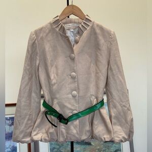 Elegant Unique Beige Wool Jacket with Green Belt Size 4